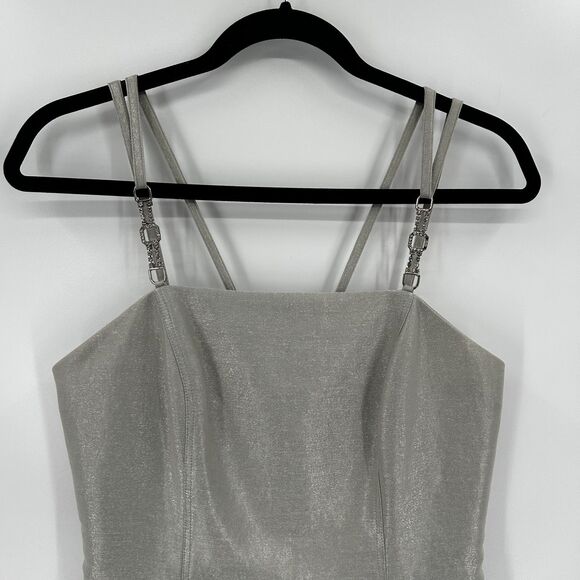 KAY UNGER Silver Metallic Spaghetti Strap Embellished Formal Mini Dress Size 4 - Picture 3 of 8